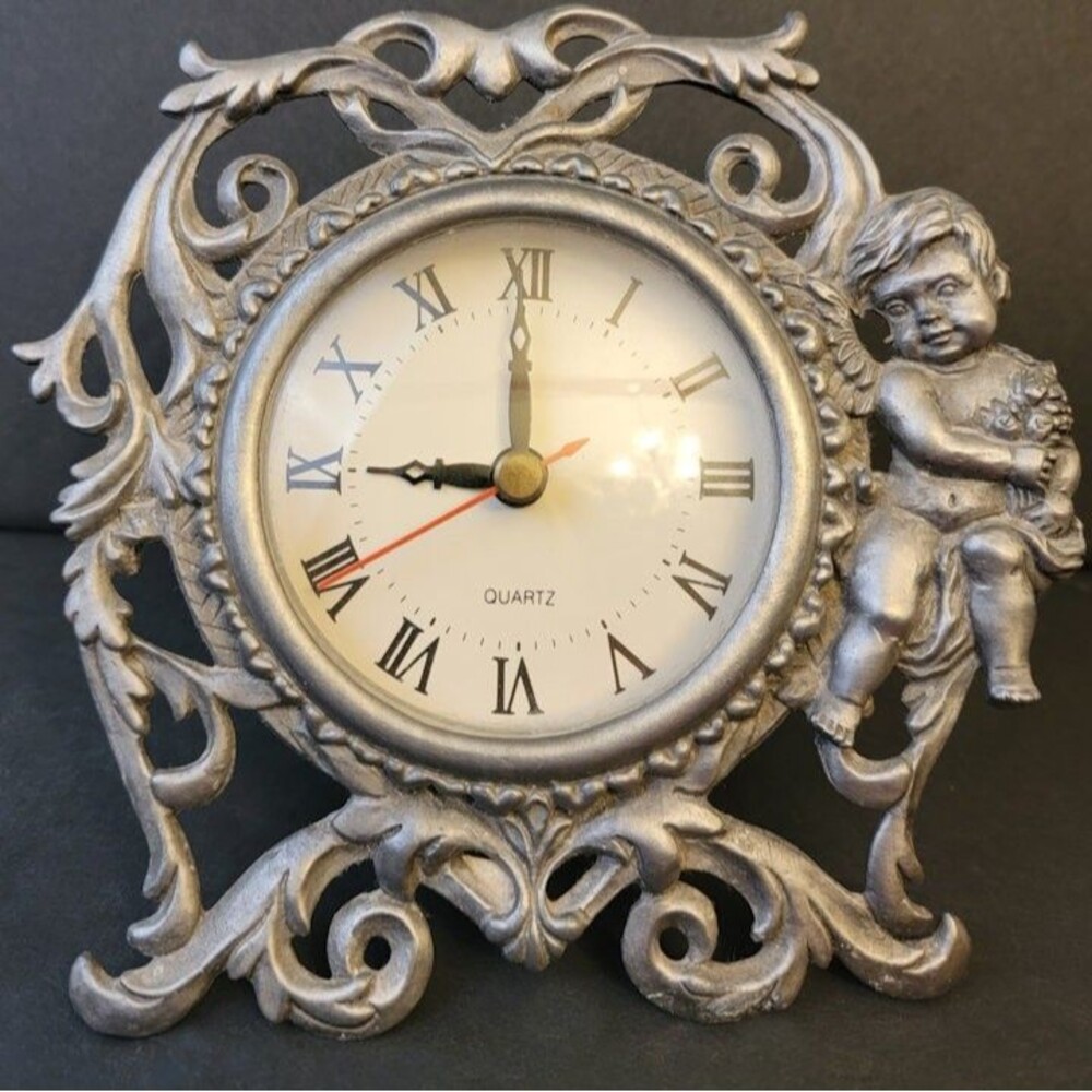 Pewter-Frame Vintage Style Table Clock Cherub and Scroll-work Sun Clock Movement